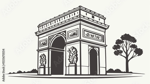 Fototapeta Black silhouette illustration of the arc de triomphe in paris with a tree to the right side in black and white style