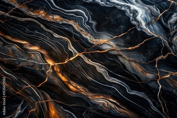 Fototapeta Black Marble Texture, Close-up White Veins, Luxury Stone Background, High-Resolution Image, Abstract Design
