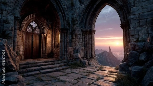 Fototapeta 3D illustration of gothic castle interior with sunset through large window Abandoned medieval cathedral architecture