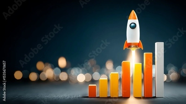 Fototapeta Business growth chart rising with rocket icon Financial graph arrow shows wealth boost Technology and illustration concept
