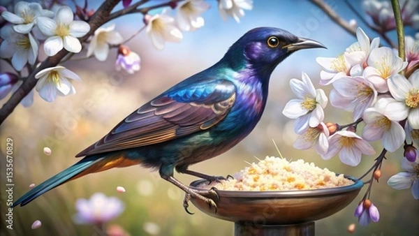Fototapeta Bokeh Bird Feeder Photo: Cautious Grackle Starling Spring Blossoms