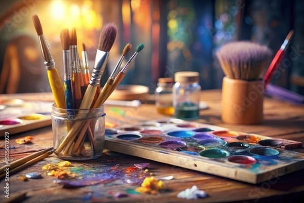 Fototapeta Bokeh Photography: Colorful Paint Brushes & Palette on Workshop Table - Artistic Still Life