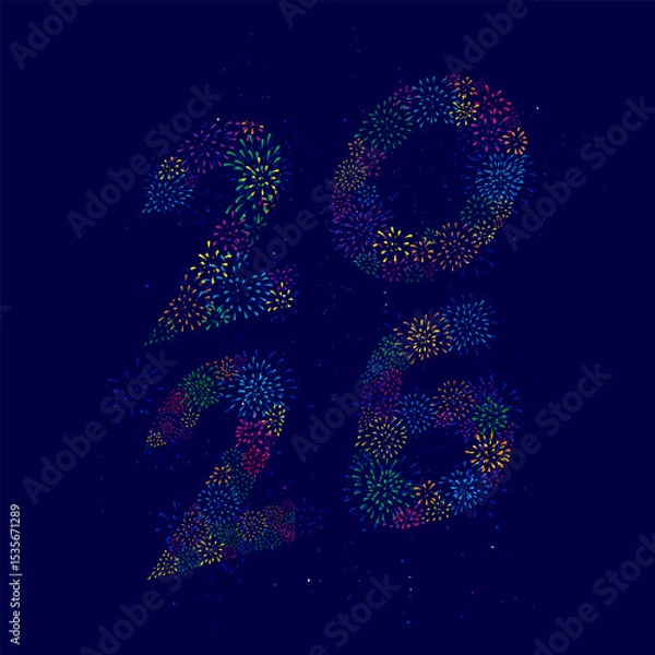 Fototapeta 2026 typography design with colorful fireworks on white background.

