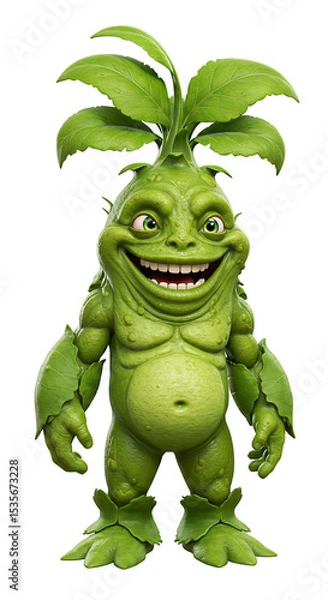 Fototapeta Illustration of a Smiling Green Plant Monster on Black Background png, isolated on trasparent background