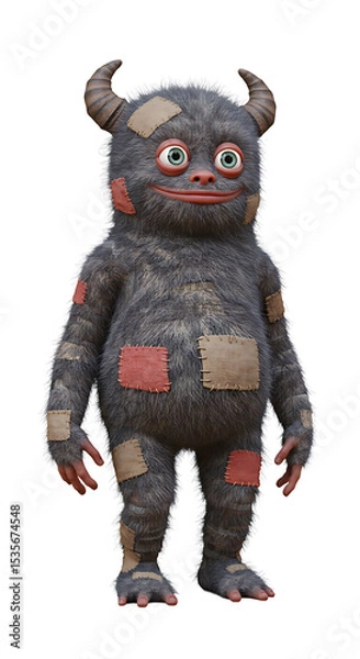 Fototapeta Cute Patchwork Monster 3D Character Illustration png, isolated on trasparent background