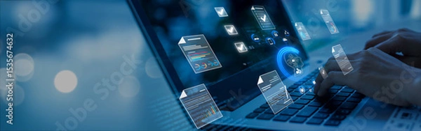 Obraz Document management concept, check electronic documents on digital documents on virtual screen Document Management System and process automation to efficiently document paperless operate