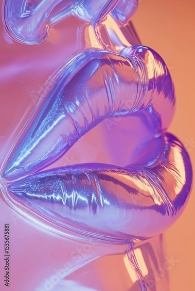 Obraz Glossy clear lips illuminated by vibrant purple and orange lights in a creative artistic display