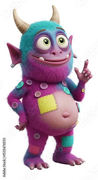 Fototapeta Cartoon Monster with Horns and Buttons Illustration png, isolated on trasparent background