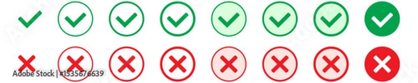 Fototapeta Right or wrong icons. Green tick and red cross checkmarks in circle flat icons. Yes or no symbol, approved or rejected icon for user interface.