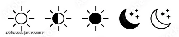 Fototapeta Sun and moon icon set. Day and night or dark and light mode icons. Brightness symbol.