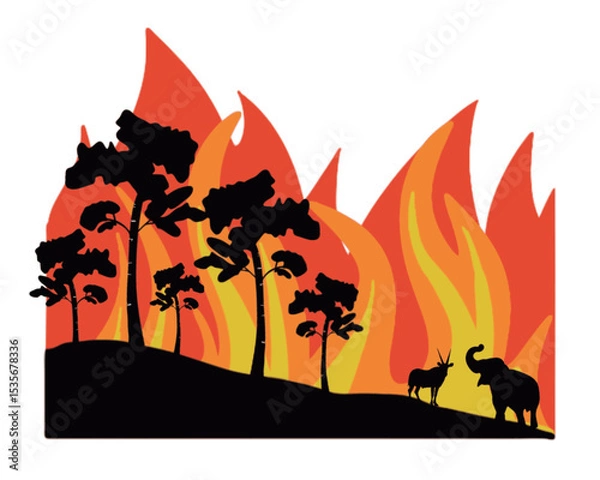 Obraz Vector hand drawn illustration with burning forest. Sketch with wildfire. Trees on fire