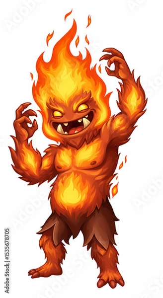 Fototapeta Illustration of a Cartoon Fire Creature on Black Background png, isolated on trasparent background