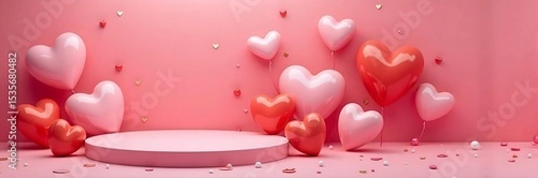 Obraz Romantic Podium Surrounded by Holographic Pink and Red Hearts