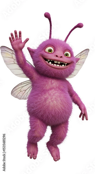 Fototapeta Fuzzy Pink Fairy Waving Hello - Isolated Illustration png, isolated on trasparent background