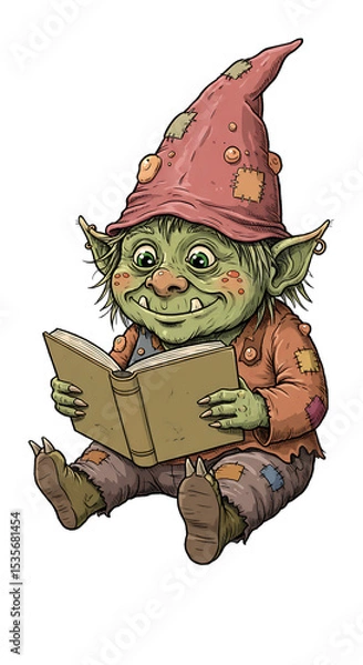 Fototapeta Cartoon Illustration of a Goblin Reading a Book png, isolated on trasparent background