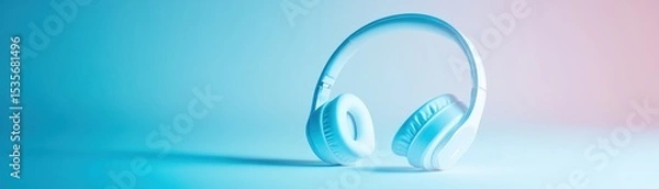 Fototapeta White wireless headphones resting on a blue surface with a gradient blue and pink background.