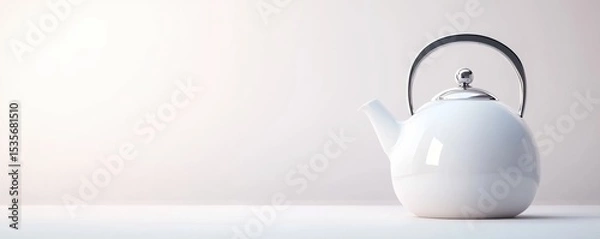 Fototapeta A modern, white ceramic teapot with a sleek black handle sits on a minimalistic white surface against a plain light background.