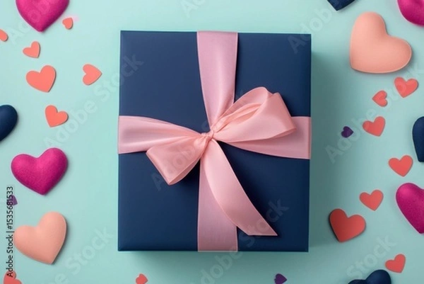 Fototapeta A neatly wrapped navy blue gift box with a pink ribbon is surrounded by scattered small and large heart shapes on a light blue background.