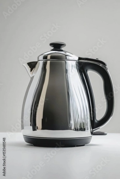 Fototapeta A sleek, modern electric kettle with a shiny stainless steel body and black handle, set against a plain light background.