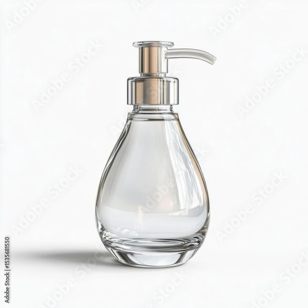Fototapeta A sleek, transparent glass soap dispenser with a metallic pump sits against a white background.