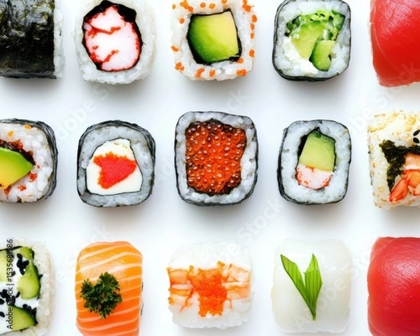 Fototapeta A colorful assortment of various sushi rolls and nigiri pieces arranged neatly on a white background.