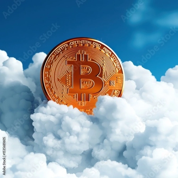 Fototapeta A shiny Bitcoin coin emerges from fluffy clouds against a bright blue sky, symbolizing digital currency and cryptocurrency growth.