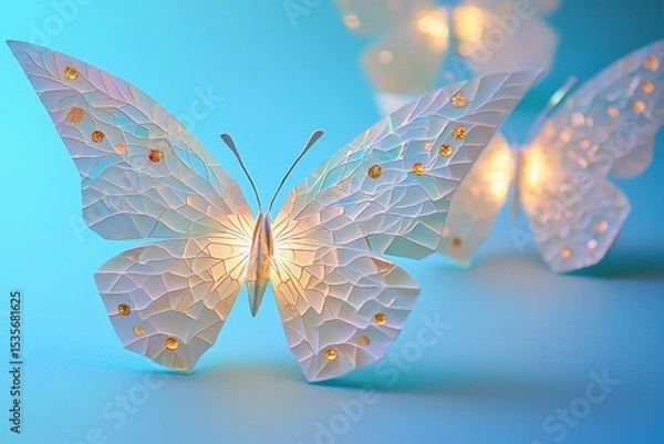 Fototapeta Delicate stained glass butterfly sculpture illuminated with warm light against a soft blue background.