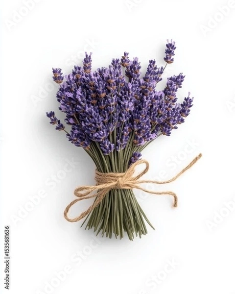 Fototapeta A neat bouquet of dried lavender stems tied with rustic twine against a plain white background.