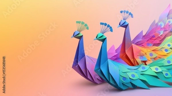 Fototapeta Three colorful origami peacocks with intricate geometric patterns and vibrant feathers against a soft gradient background.