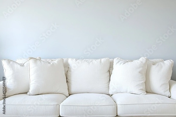 Fototapeta A minimalist white sofa with five cushioned pillows against a plain light gray wall.