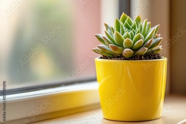 Fototapeta A green succulent plant in a vibrant yellow pot sits on a windowsill with diffused natural light creating a cozy and fresh indoor atmosphere.