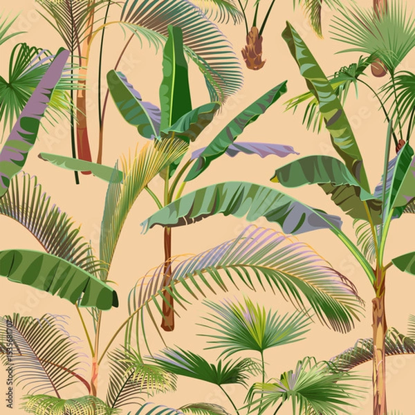 Fototapeta Seamless pattern with colorful palm tree branches isolated on a beige background. Desert and tropical houseplants. 
