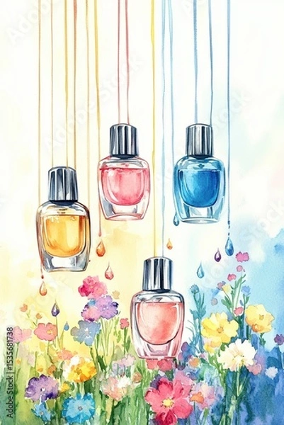 Obraz Watercolor illustration of nail polish bottles dripping vibrant colors over blooming wildflowers on a white background