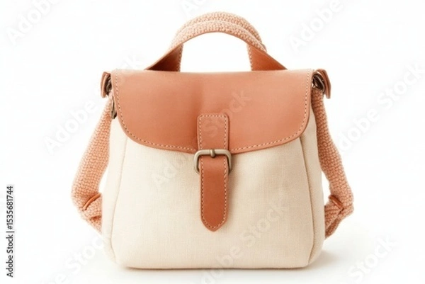 Fototapeta A stylish beige and tan handbag with a textured fabric body, leather flap, and braided handle and shoulder straps.