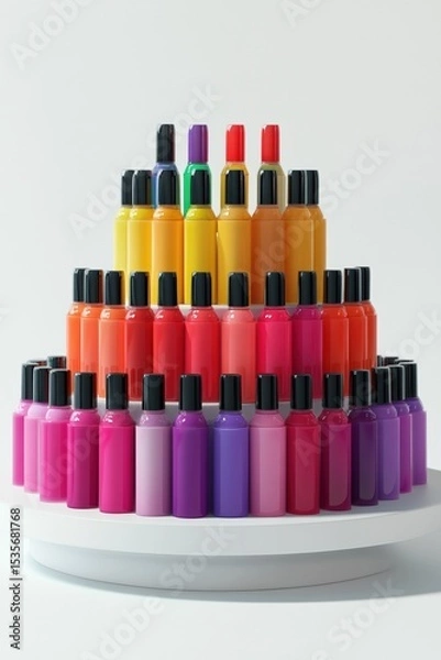 Obraz Colorful plastic cosmetic bottles arranged in a circular tiered display on a white rotating platform