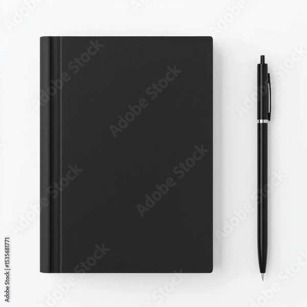 Fototapeta A sleek, black hardcover notebook lies closed next to a matching black pen on a white surface.