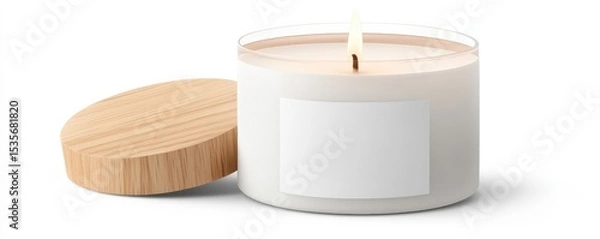 Fototapeta A white scented candle with a wooden lid, lit and emitting a warm glow, placed on a white surface with a blank label on the front.
