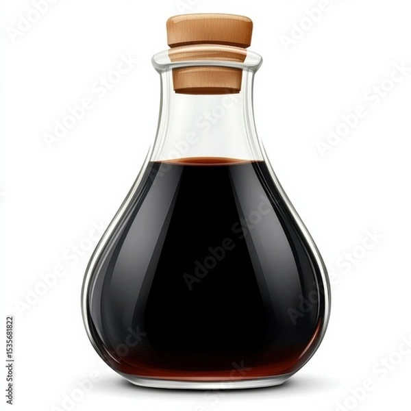 Fototapeta A glass bottle with a wooden stopper containing a dark liquid, likely soy sauce or balsamic vinegar.