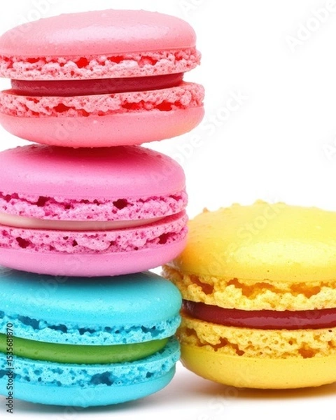 Fototapeta Four colorful macarons in pink, yellow, blue, and purple stacked against a white background.