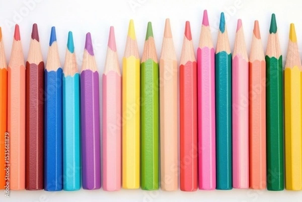 Fototapeta A colorful row of sharpened colored pencils arranged vertically on a white background.