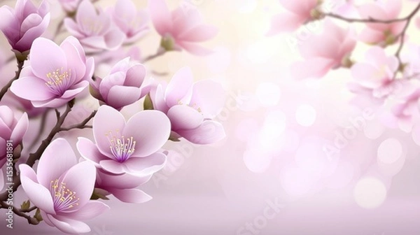 Fototapeta Soft pink cherry blossoms bloom on delicate branches against a dreamy, pastel bokeh background.