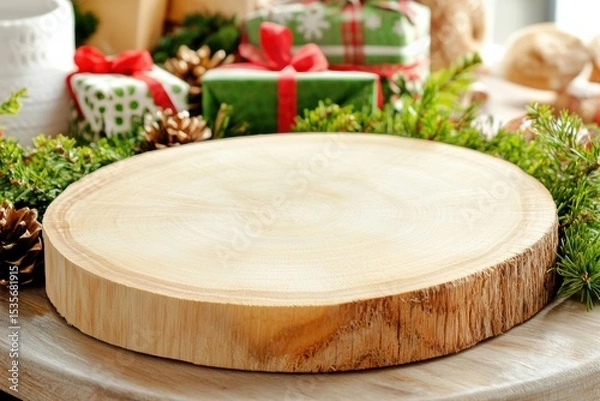 Fototapeta A wooden round slab surrounded by festive Christmas decorations and wrapped gifts, creating a cozy holiday atmosphere.