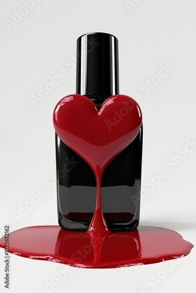 Obraz Black nail polish bottle with red lacquer forming a glossy heart shape and spilling onto a white surface