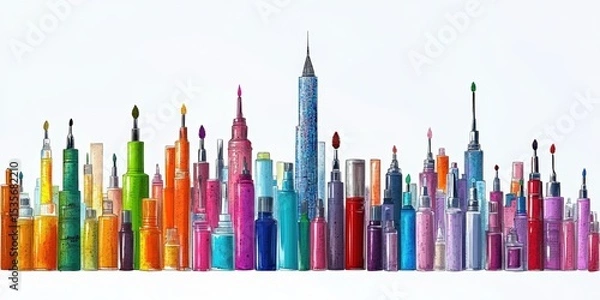 Obraz Creative illustration of a city skyline built entirely from colorful cosmetic containers and makeup applicators