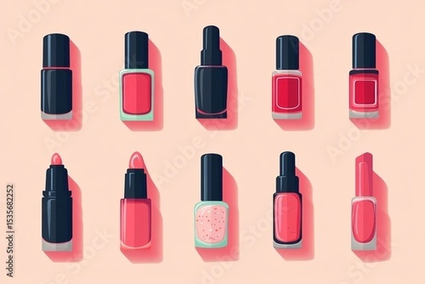 Obraz Flat illustration of assorted red and pink nail polish and lipstick bottles with long shadows on a pastel background