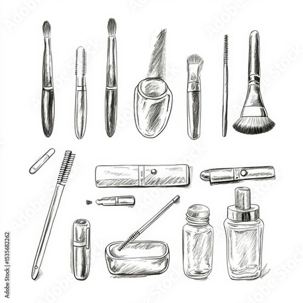 Obraz Pencil sketch of a manicure and makeup set with brushes, bottles, tools and cosmetic accessories on a white background