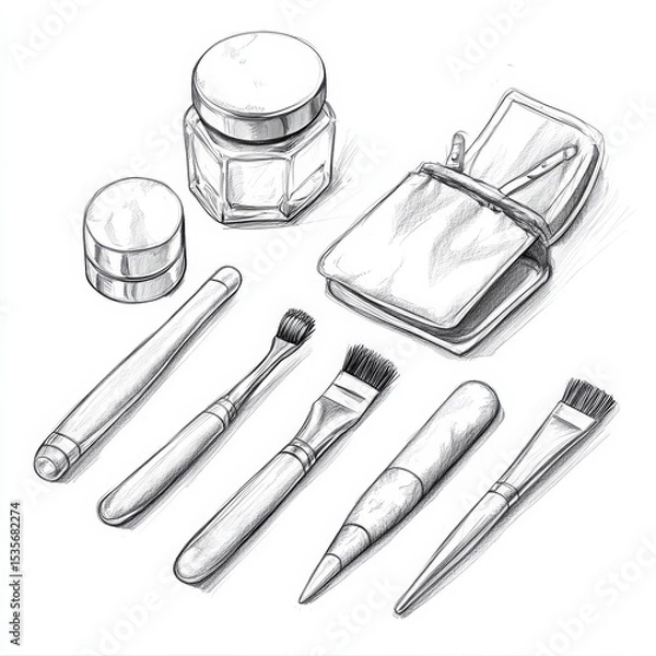Obraz Pencil sketch of manicure tools, cosmetic brushes, and cream jars arranged with a folded kit on a white background
