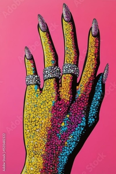 Obraz Pop art style hand with vibrant dotted texture, sparkling rhinestone rings, and glittery nails on a bright pink background