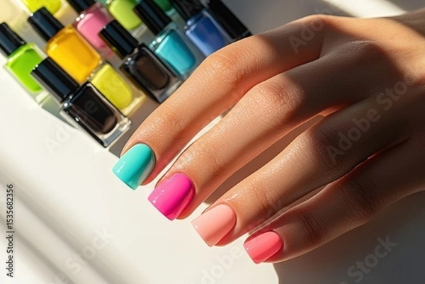 Obraz Close-up of a hand with colorful freshly painted nails in vibrant polish shades next to an array of nail polish bottles