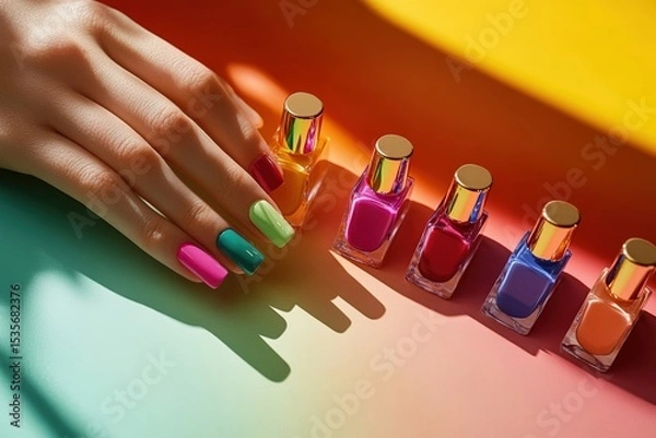Obraz Hand with freshly painted multicolored nails resting beside vibrant nail polish bottles on a colorful gradient background